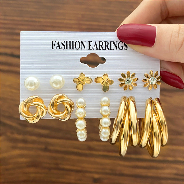 Set Pearl Crystal Stud Earrings