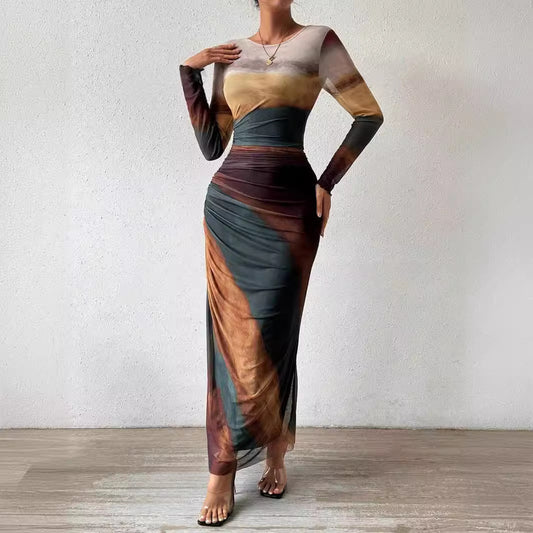 Elegant Contrast Rendered Slim Waist Dress