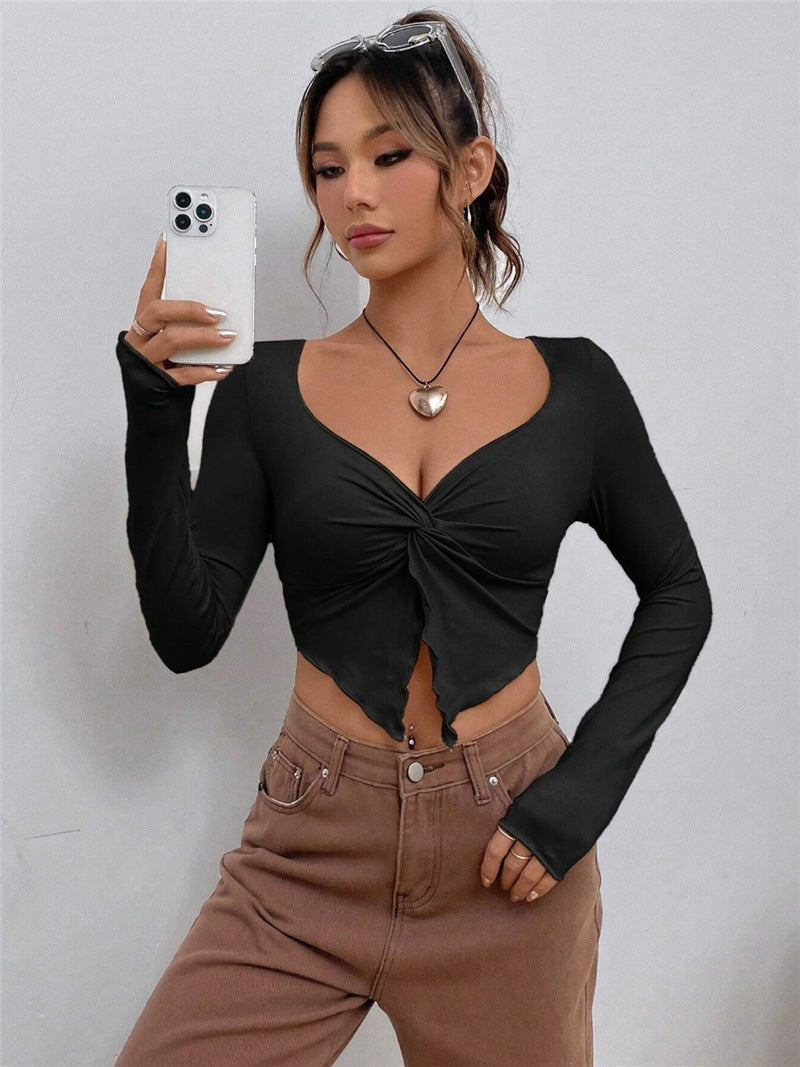 New Slim Front Twist Irregular Long-Sleeved T-shirt Women: Spring and Summer