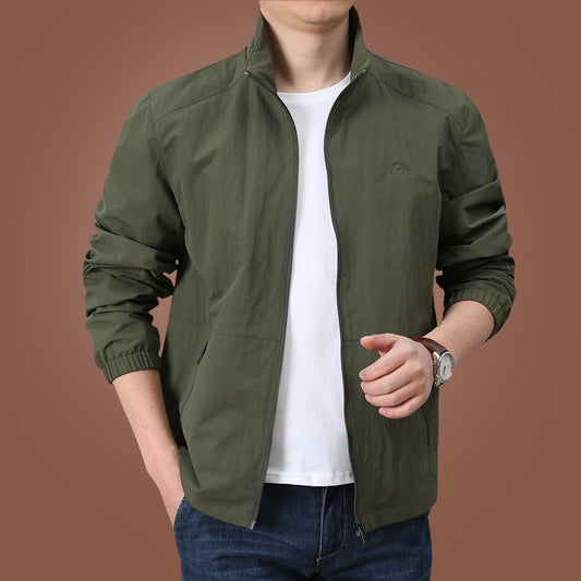 Men's Stand Collar Casual Jacket Plus Size, Solid Color