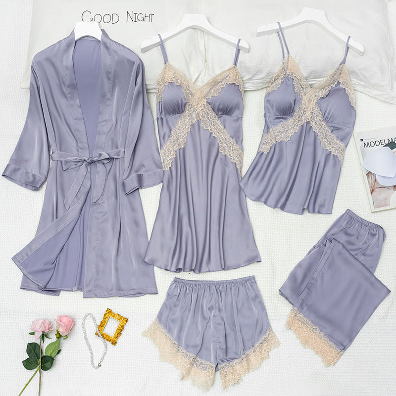 Women's Ice Silk 5-Piece Pajama Set – Sexy Cami Nightdress & Loungewear