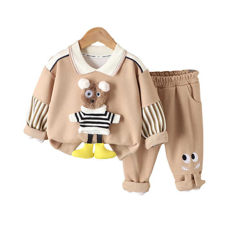 Adorable Bear Lapel Two-Piece Set  Spring & Autumn Cozy Outfit for Babies & Toddlers (0-4 Years)