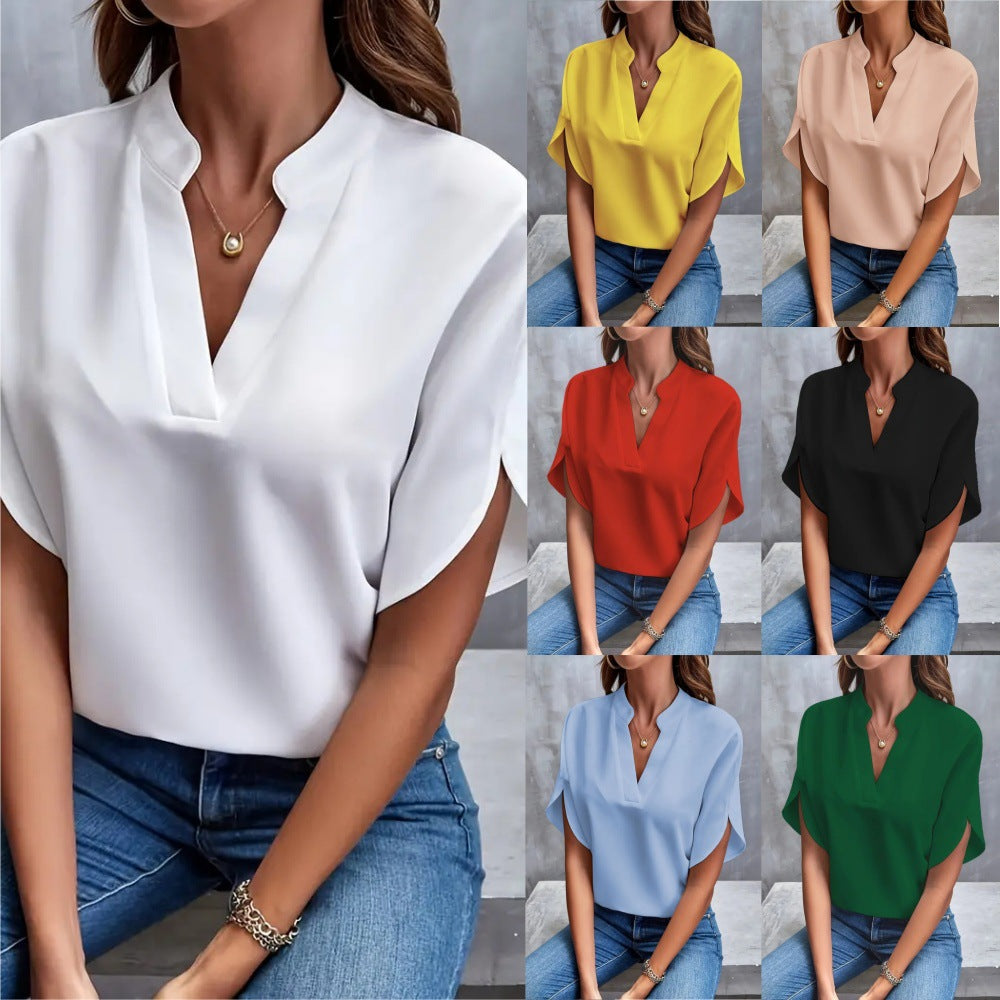Summer Casual V-Neck Loose Fit Women’s Solid Color Top