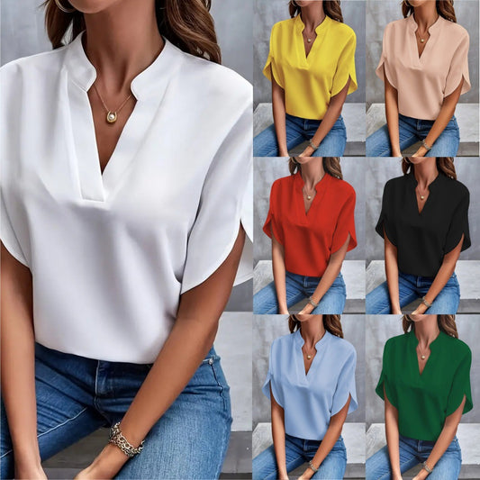 Summer Casual V-Neck Loose Fit Women’s Solid Color Top