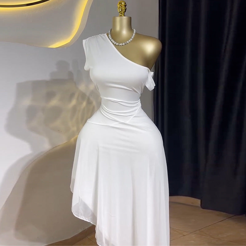 Sweet Asymmetrical Shoulder Midi Dress