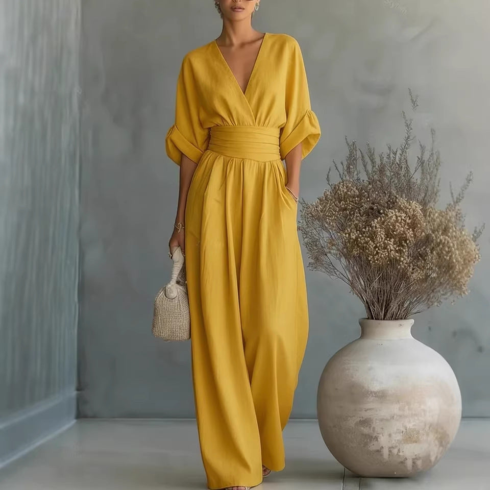 Womens Elegant V-Neck Waist-Slimming Jumpsuit