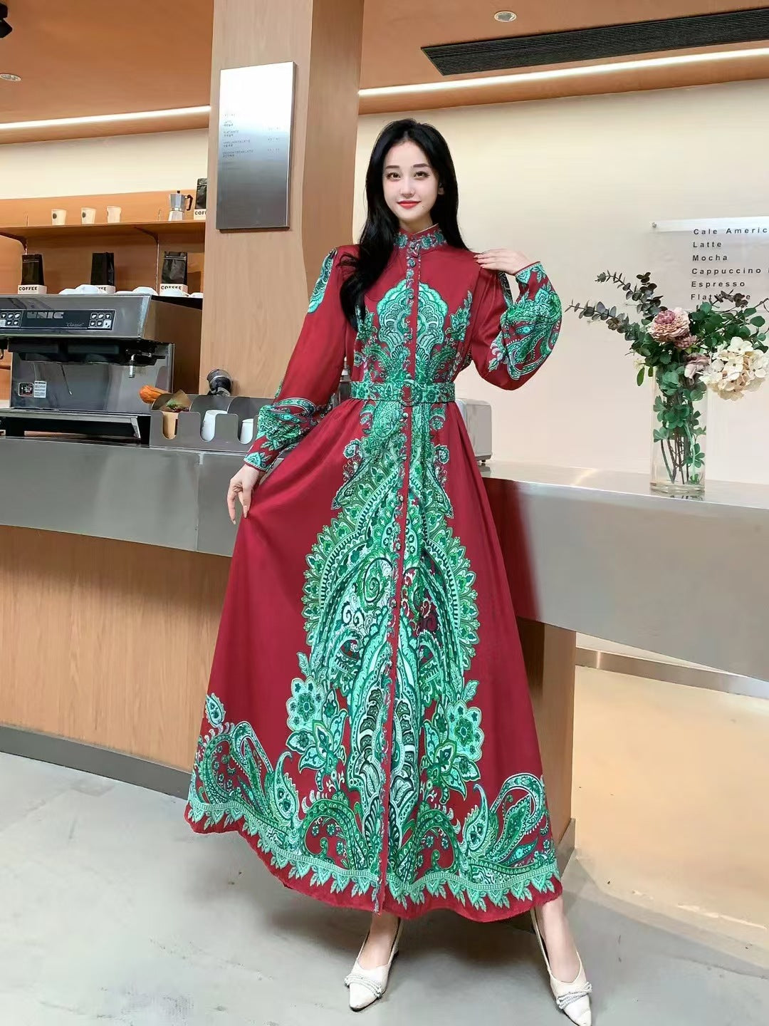Printed Stand Collar Tie-Waist Dress