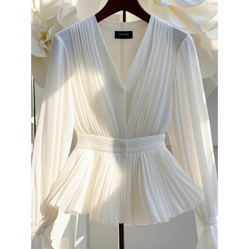 Elegant French-Style V-Neck Long-Sleeve Top