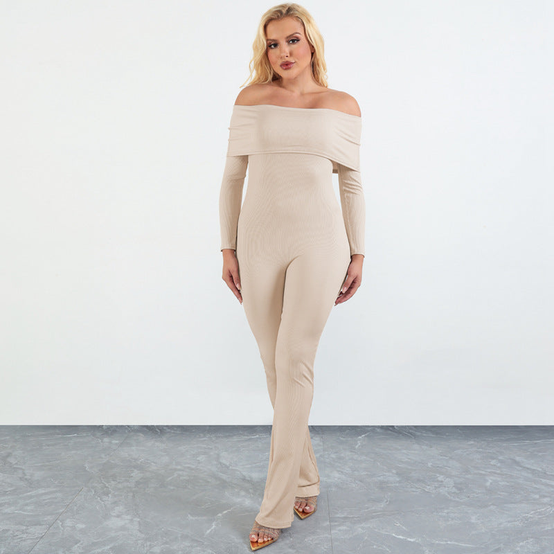 Pit Strip One-shoulder Long Sleeve Solid Color Slim Stretch Jumpsuit