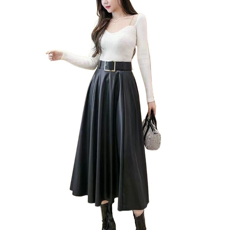 Coffee Leather Pleated Skirt  High-Waisted A-Line Midi for Autumn/Winter
