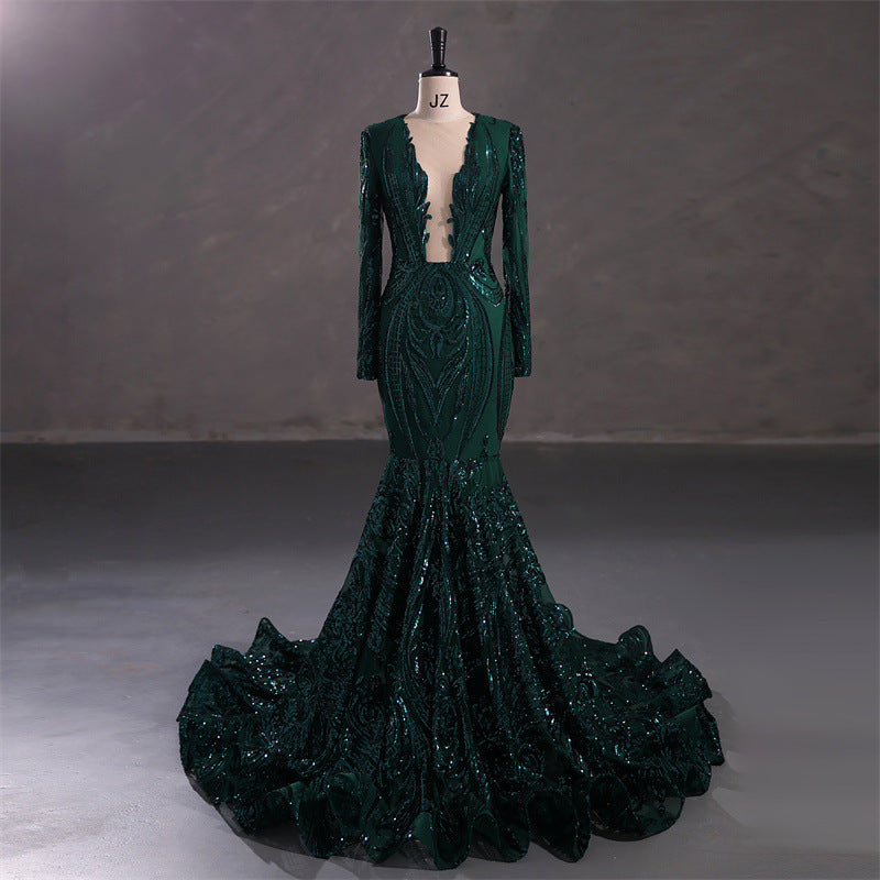 Sexy V-neck catwalk hip wrap, long sleeved evening dress