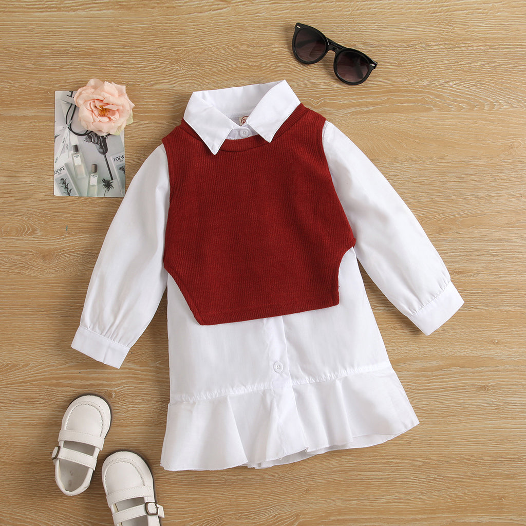 Girls' Autumn Ruffle Dress & Knitted Vest Set
