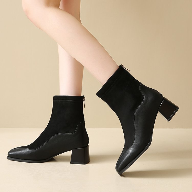 Retro Black Skinny Boots  Frosted Square-Toe Martin Boots for Women (On Hand)