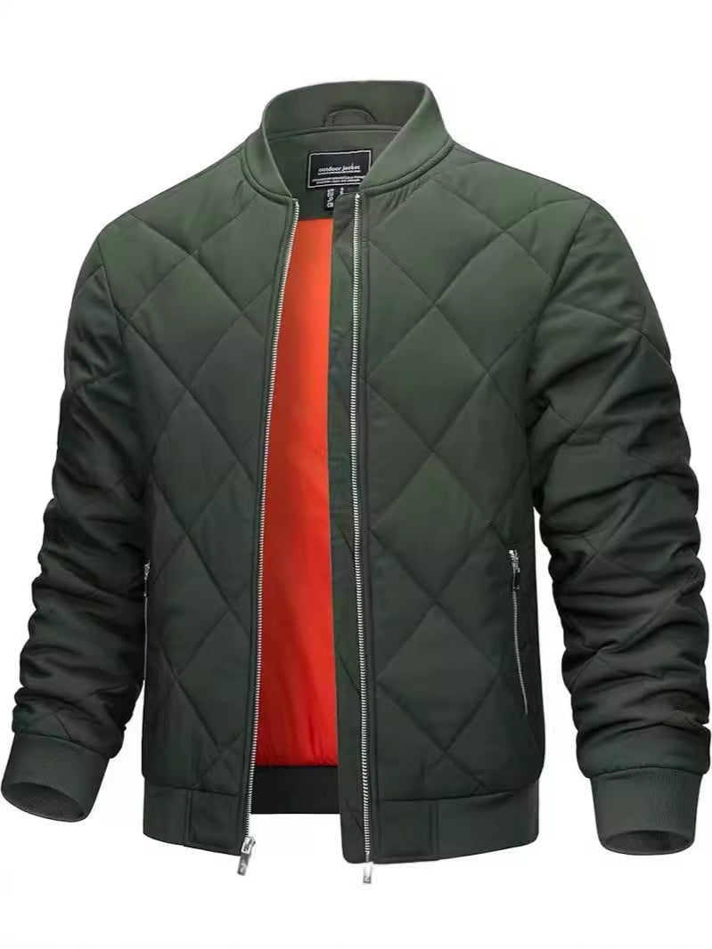 Mens Light Cotton Jacket  Diamond Quilted Stand Collar, Warm Casual Coat