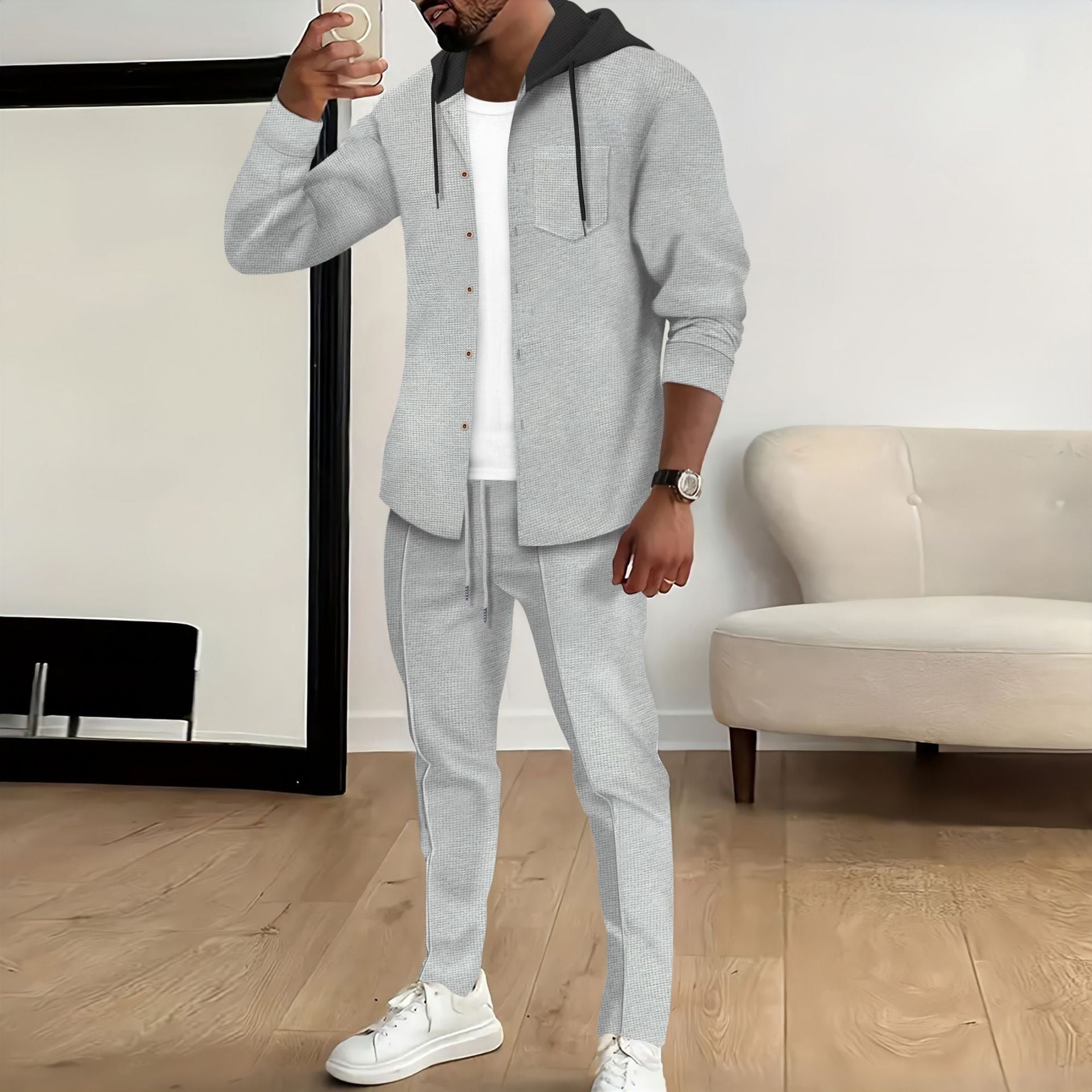 Men's Waffle Knit Hooded Cardigan Set