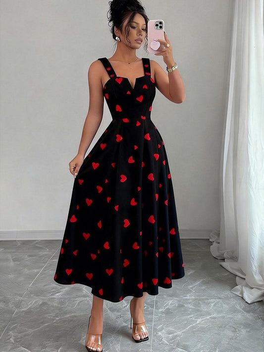 Womens Valentine Heart Print Spaghetti Strap A-Line Maxi Dress