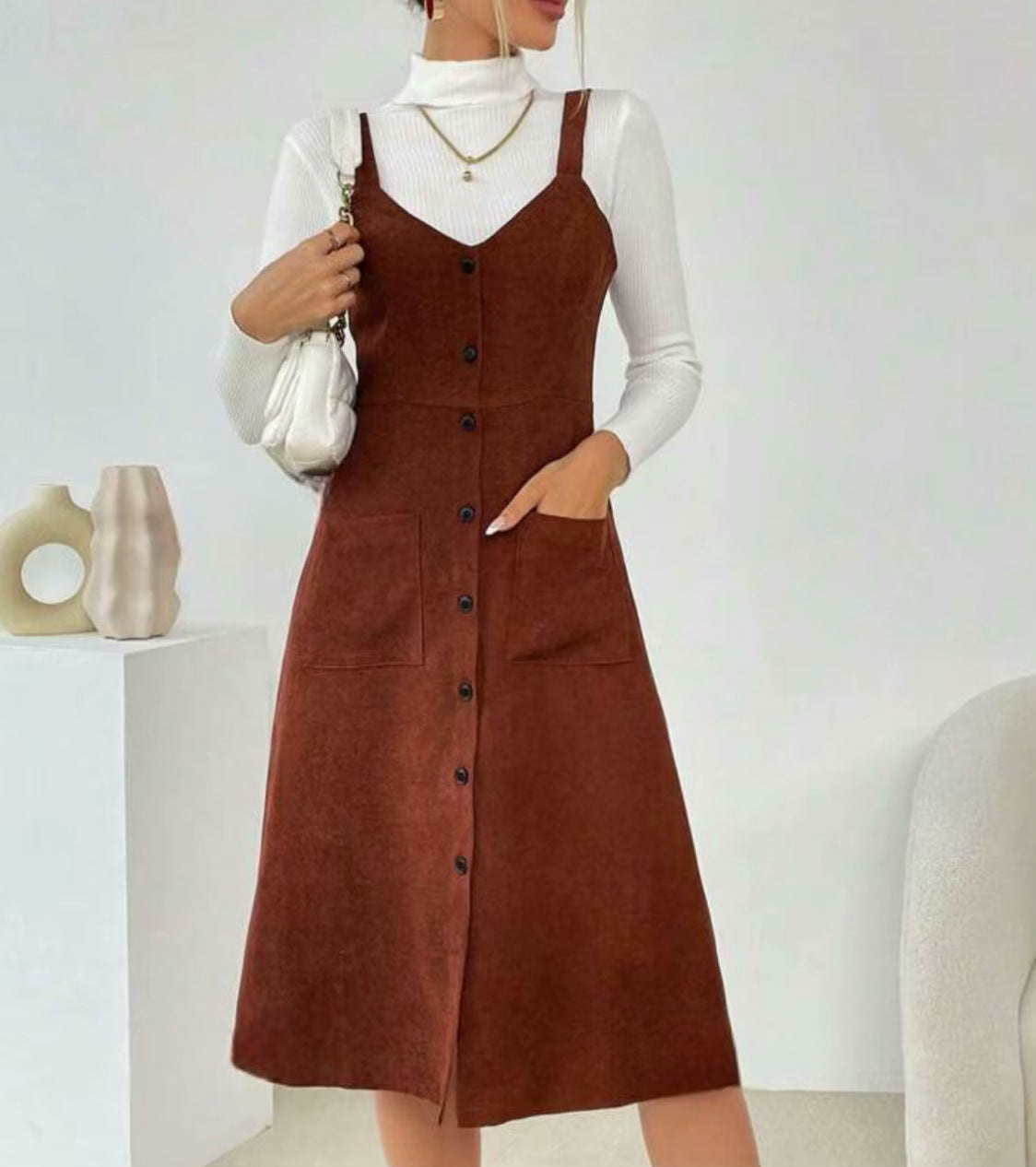 Autumn/Winter Cross-Border Suspender Pocket Midi Dress
