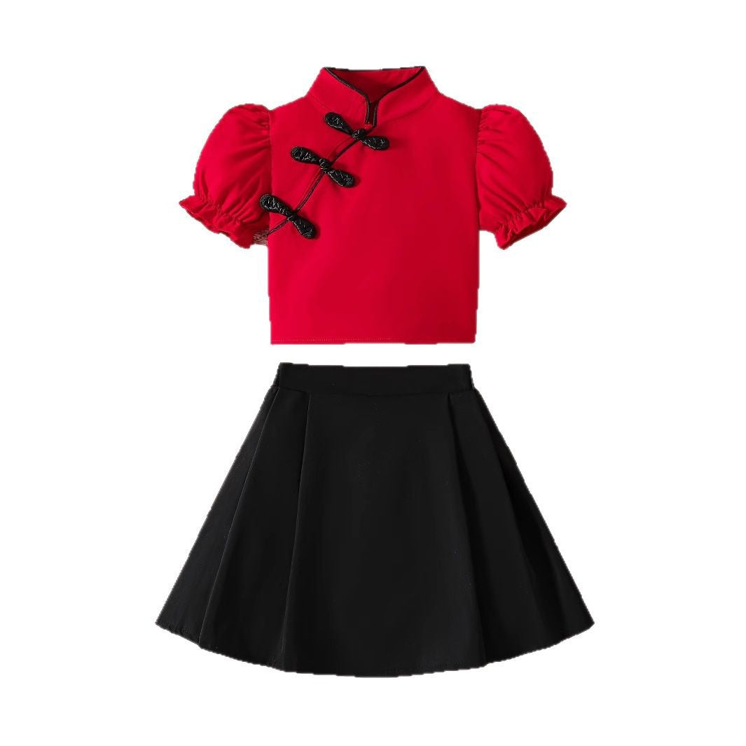 Girls' Chinese-Style Two-Piece Set  Red Lantern Sleeve Top + Black Pleated Skirt