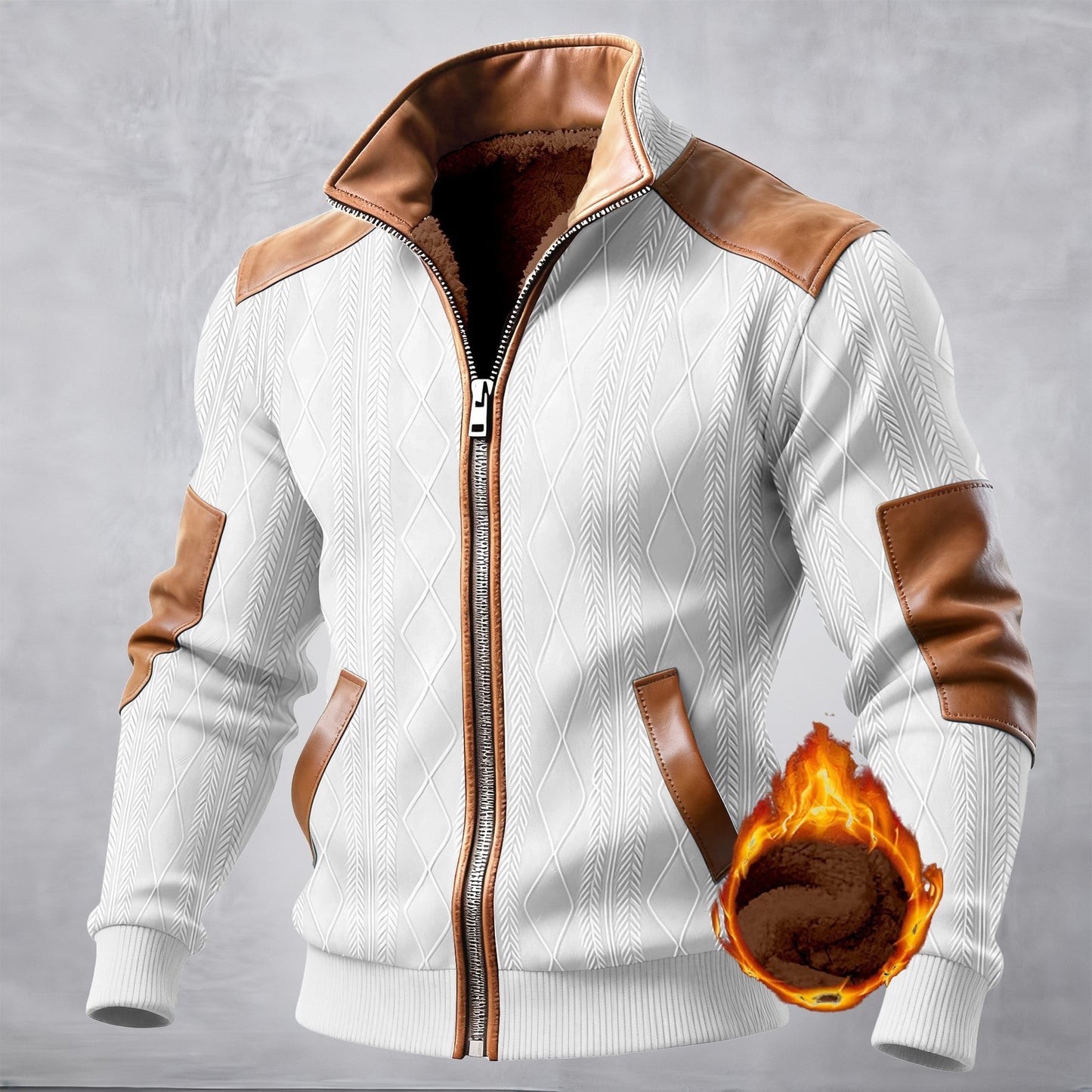 Mens Winter Jacquard Fleece Zip-Up Jacket  Casual Color Block Cardigan Coat