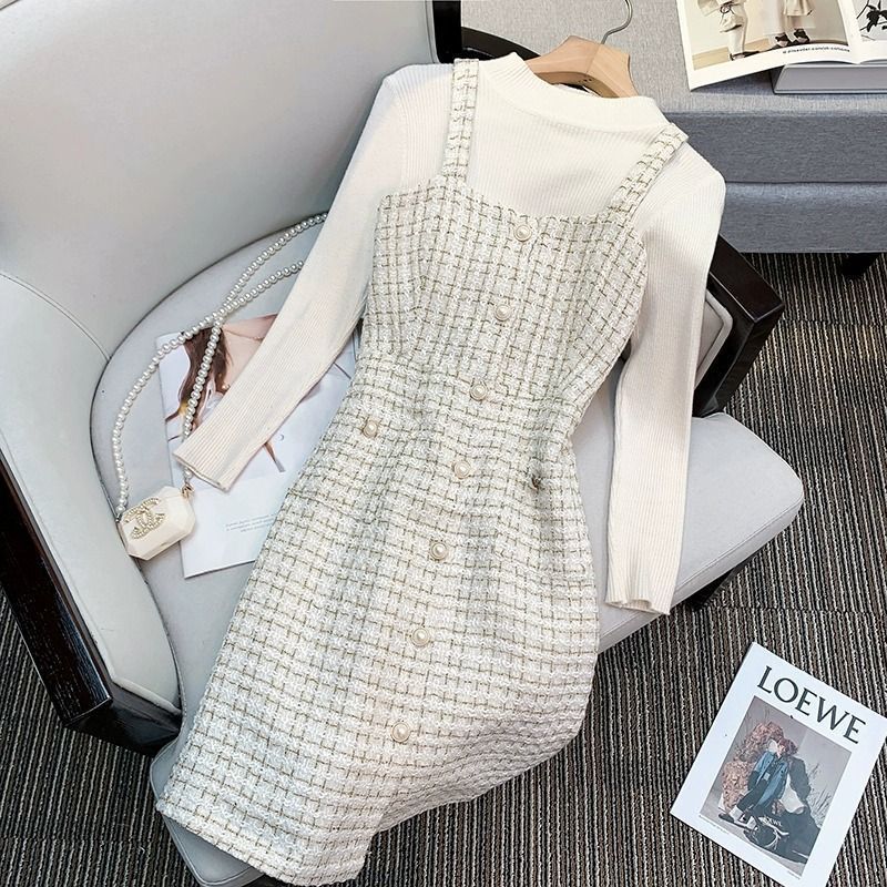 Tweed small fragrance style sub strap skirt two set