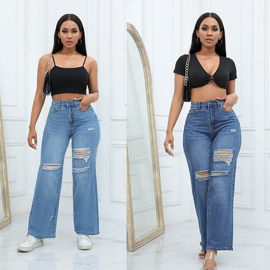 High-quality temperament ripped wide-leg pants jeans