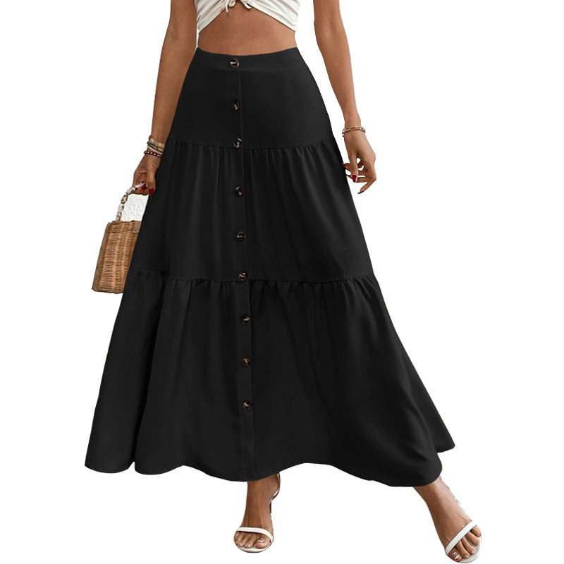 Women's Button-Front Elastic Waist Long Cake Skirt