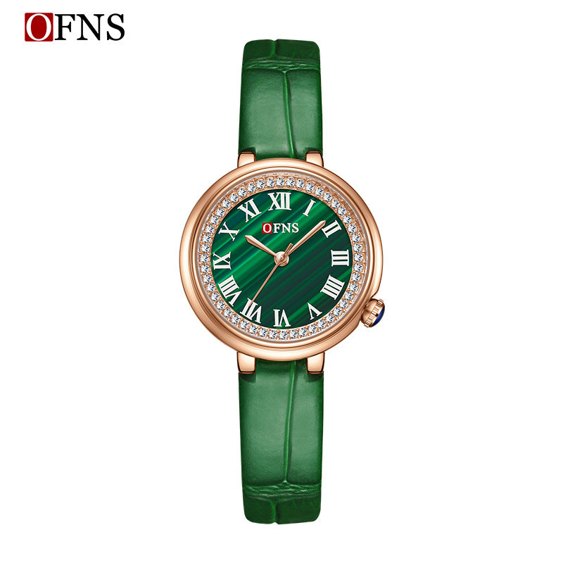 Elegant Malachite Quartz Watch with Crystal Stones - Luxury Women's