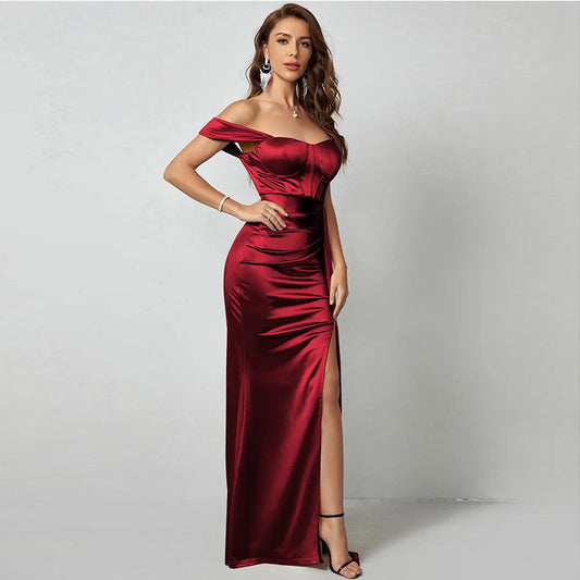 Solid Color Cross-Border Mermaid Evening Dress with Slit