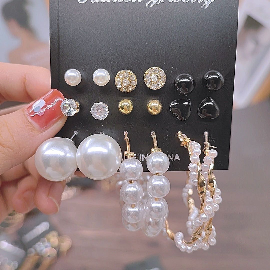 Set Pearl Crystal Stud Earrings