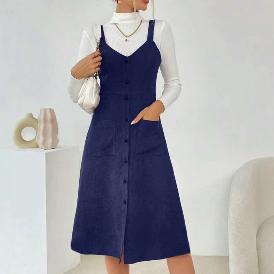 Autumn/Winter Cross-Border Suspender Pocket Midi Dress