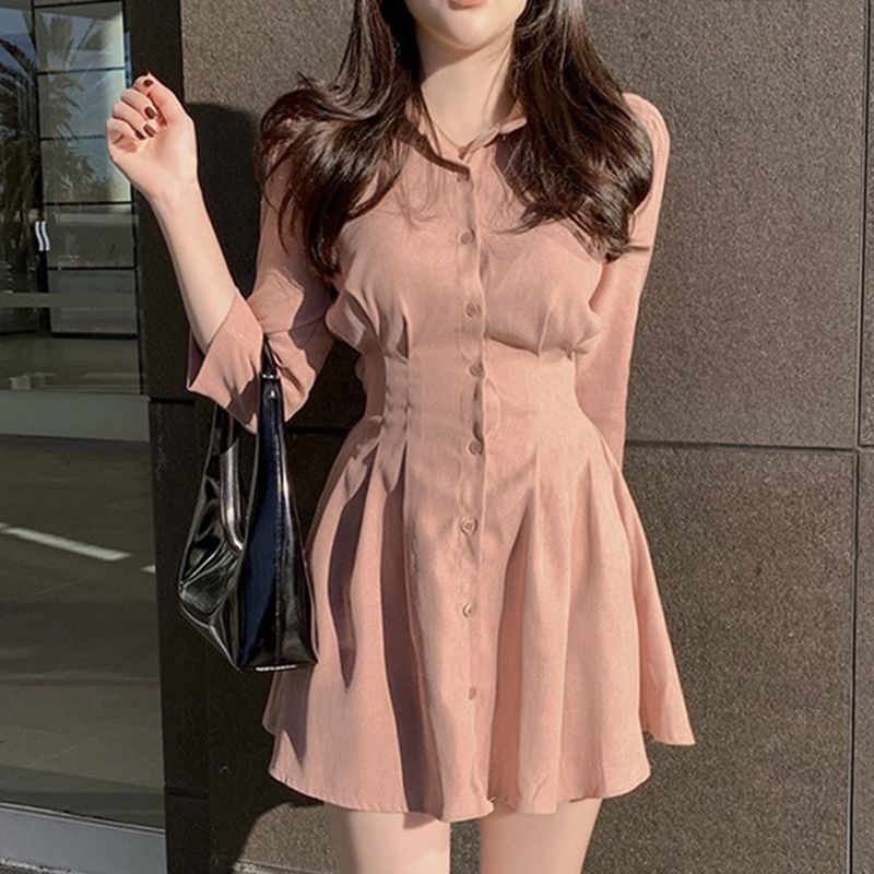 Elegant Puff Sleeve A-Line Shirt Dress