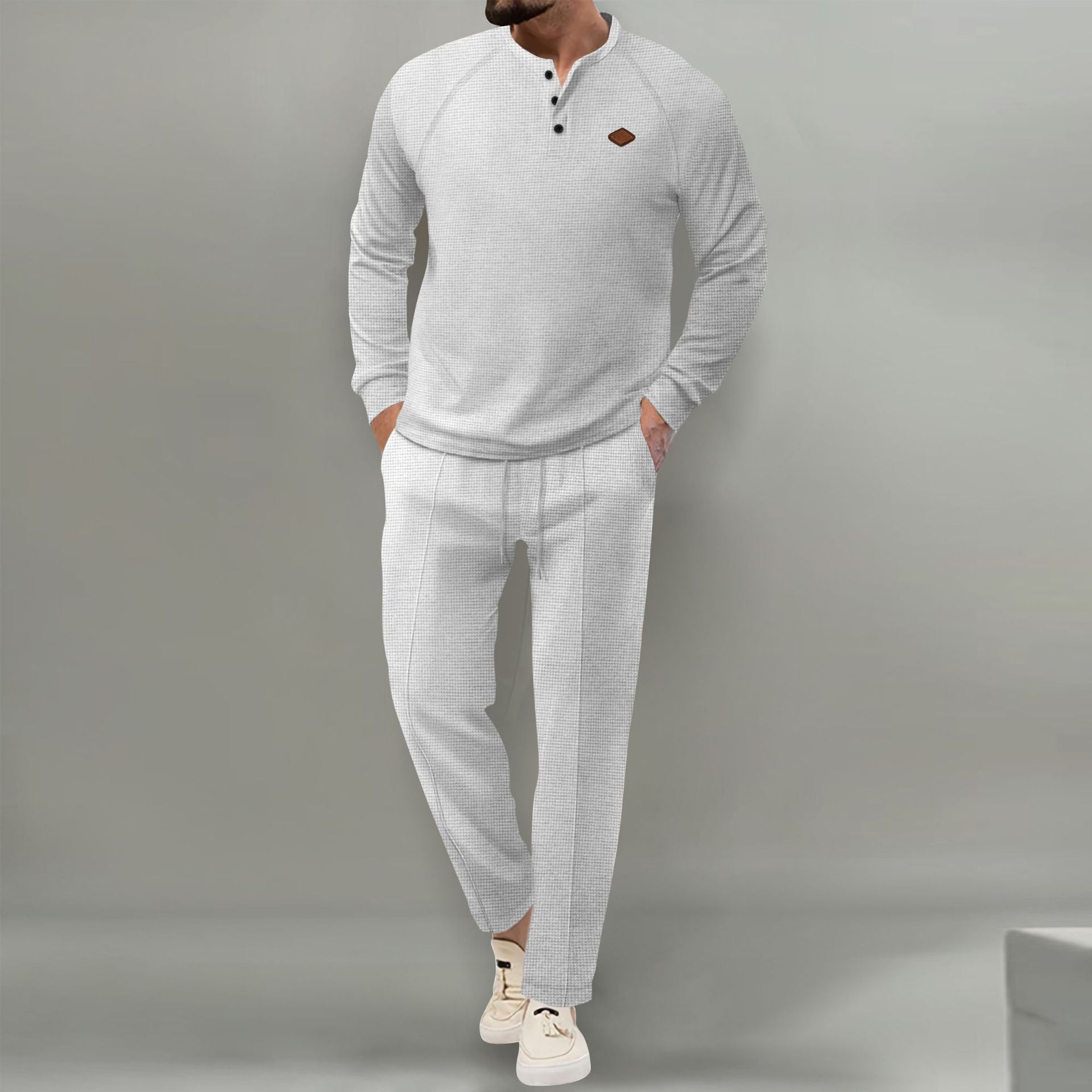 Men's Solid Color Waffle Henley Suit Set