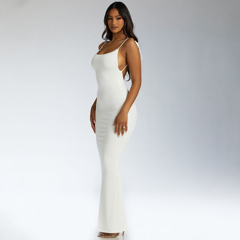 New solid color casual backless lace-up sleeveless dress
