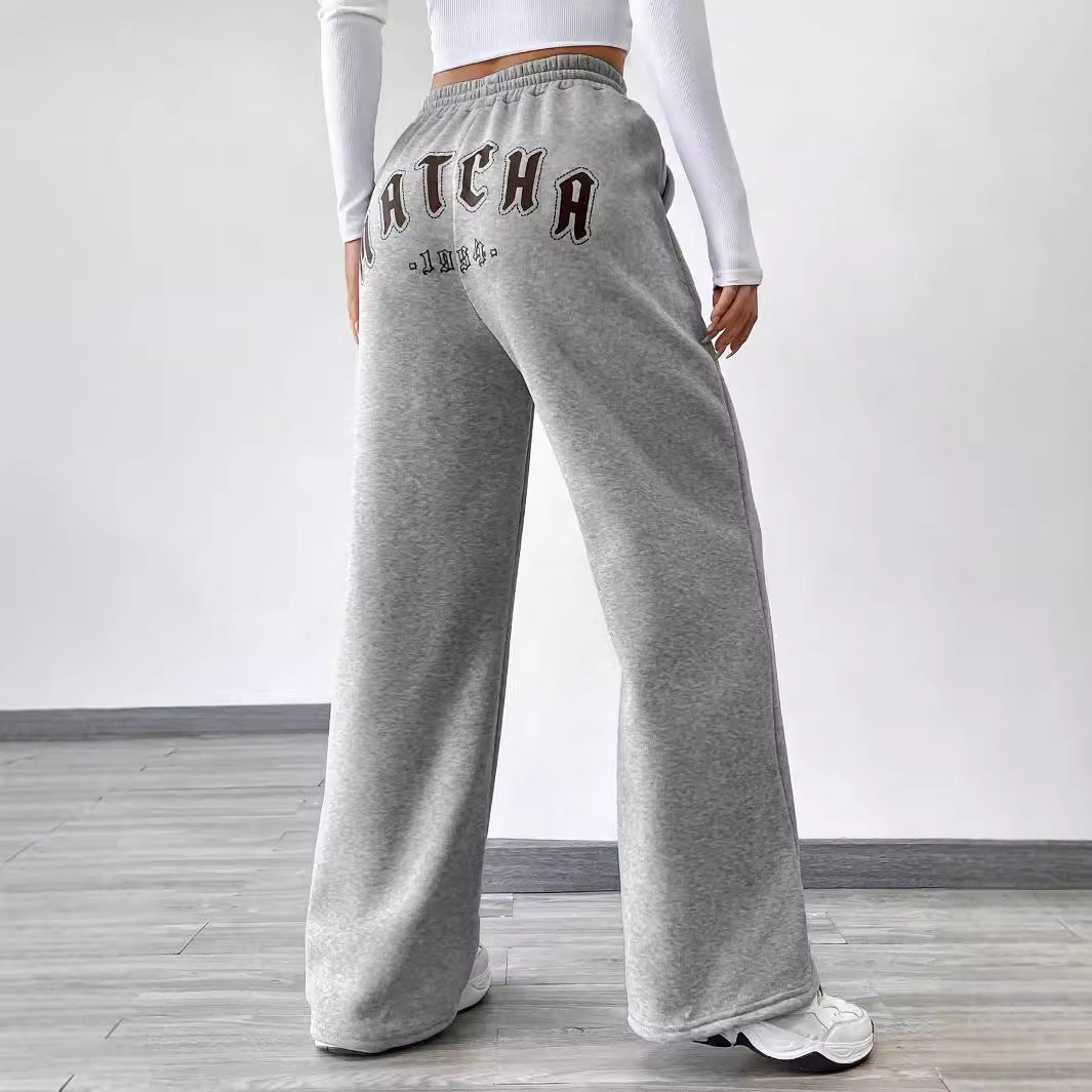 Drawstring Sweatshirt Trousers - Printed Women's Casual Wide-Leg Pants