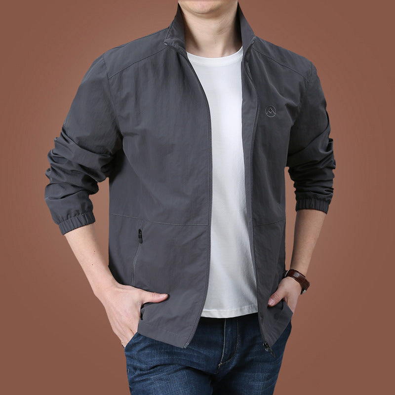Men's Stand Collar Casual Jacket Plus Size, Solid Color