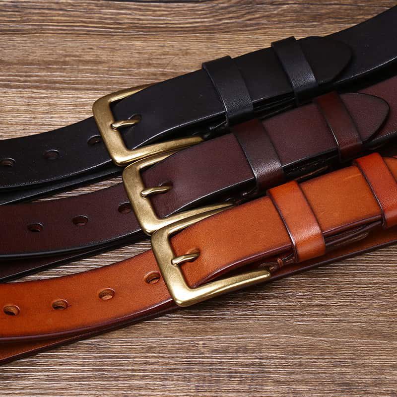Men’s Genuine Leather Belt with 3.3 cm Pure Copper Pin Buckle
