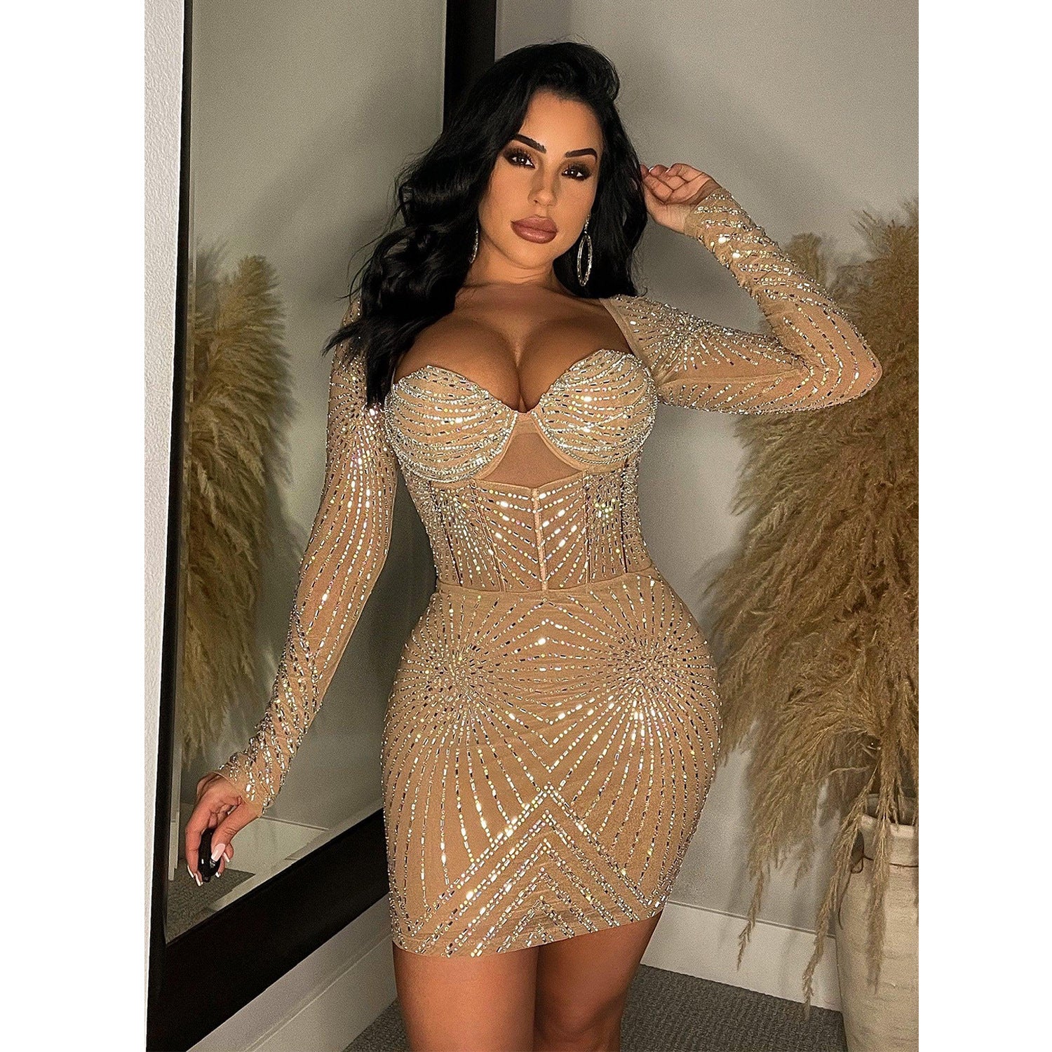 Women's Solid Color Mesh Hot Diamond Long-Sleeve Short Skirt Dress