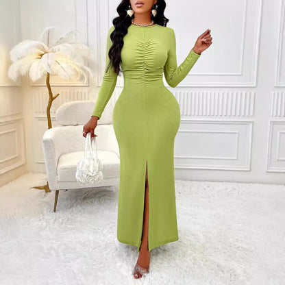 New Women's Hip Wrap High-End Solid Color Dress: Autumn & Winter