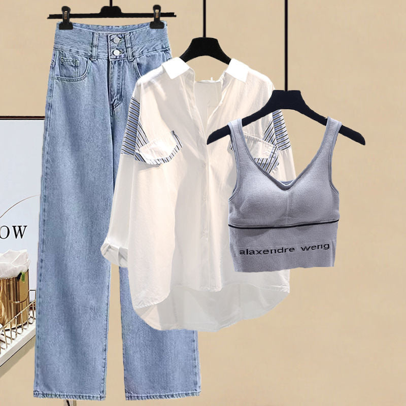 Plus Size Women's Spring Three-Piece Suit – Shirt, Suspenders & Slimming Jeans