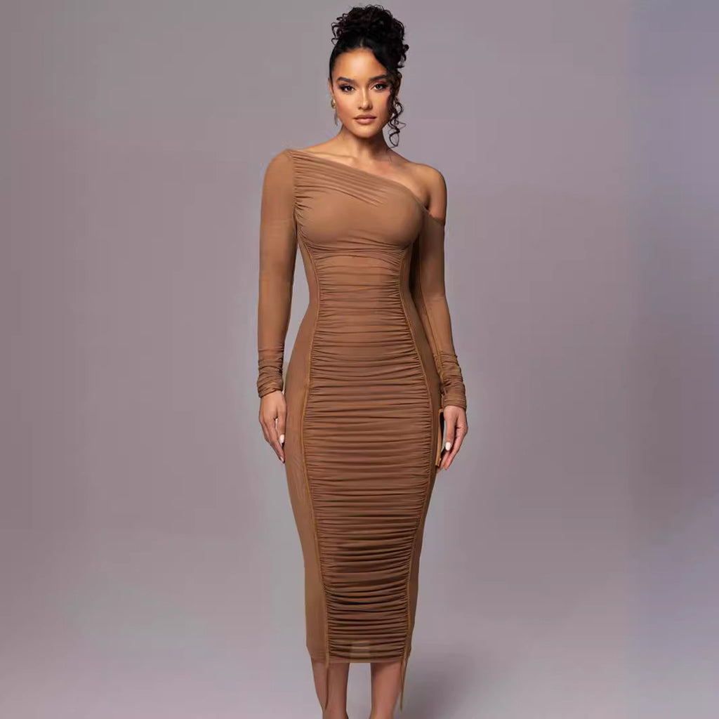 Women's long sleeve mesh stitching slanted shoulder dress