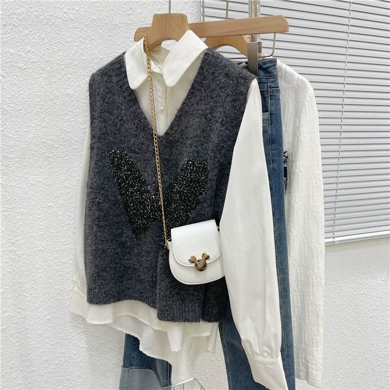 Butterfly Sequin Knitted Vest  Sleeveless Layered Sweater
