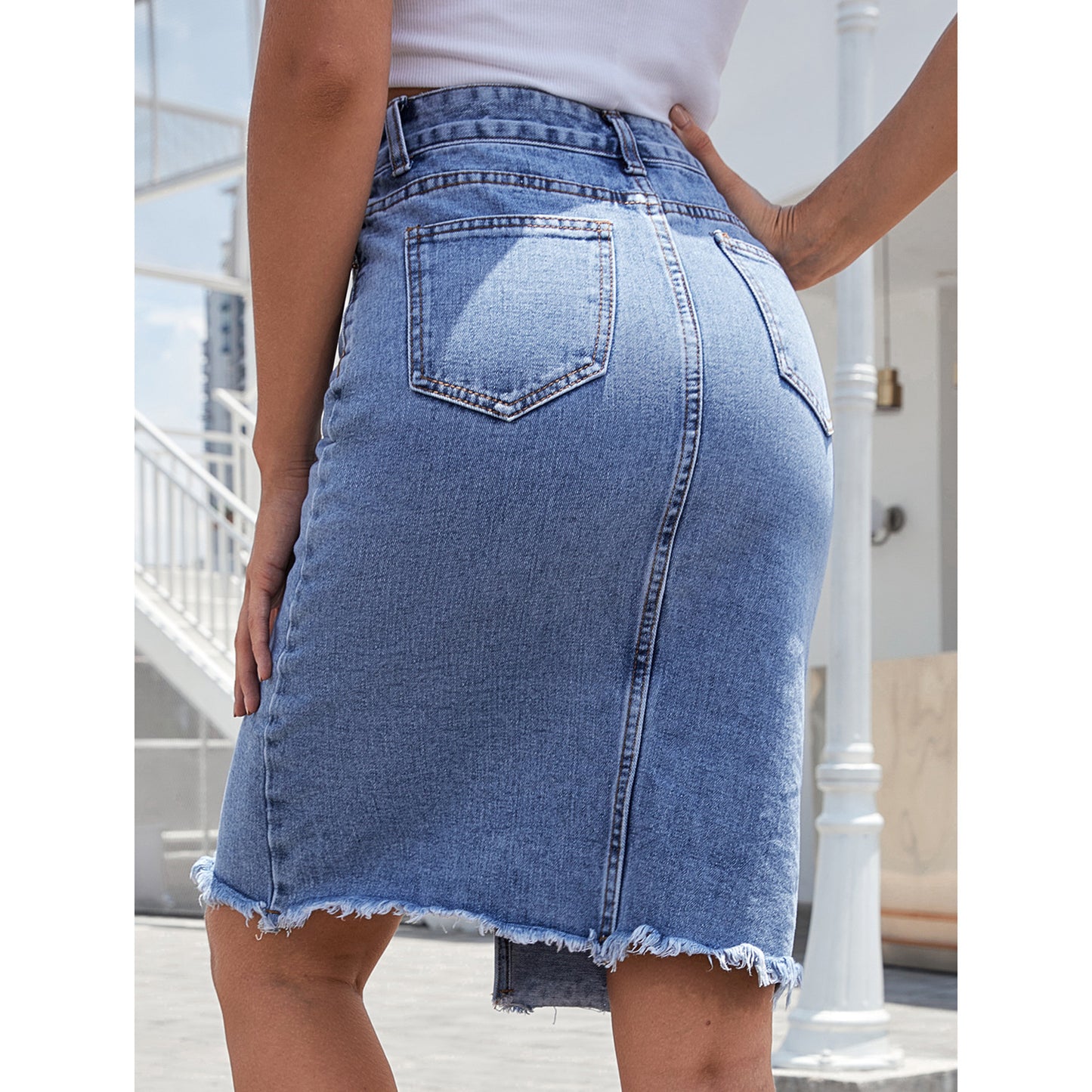 High-Waisted Mid-Length Denim Skirt with Hip Slit for Women