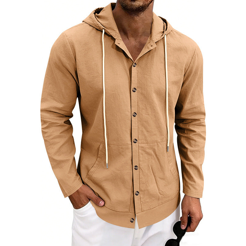 Mens Linen Hooded Beach Shirt  Casual Loose Fit Cardigan for Spring & Fall