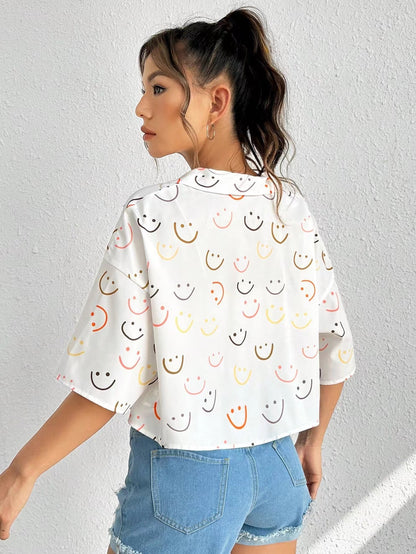 Summer lapel print shirt women's short dropped shoulders short sleeve loose casual top