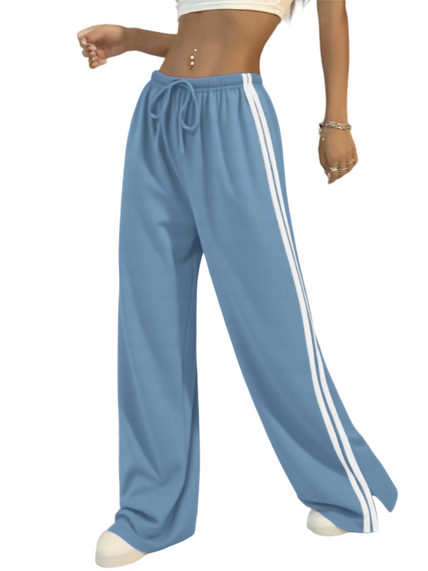 Women's Wide-Leg Striped Slacks with Drawstring Waist