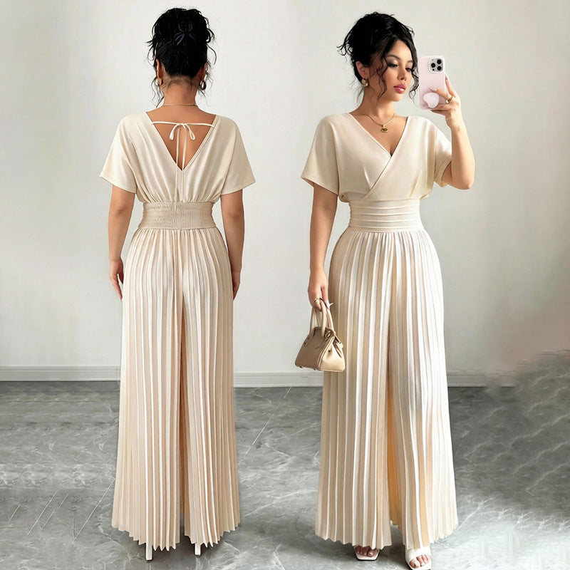 Women’s Elegant V-Neck Pleated Jumpsuit – Solid Color Waist-Cinching Short Sleeve Romper