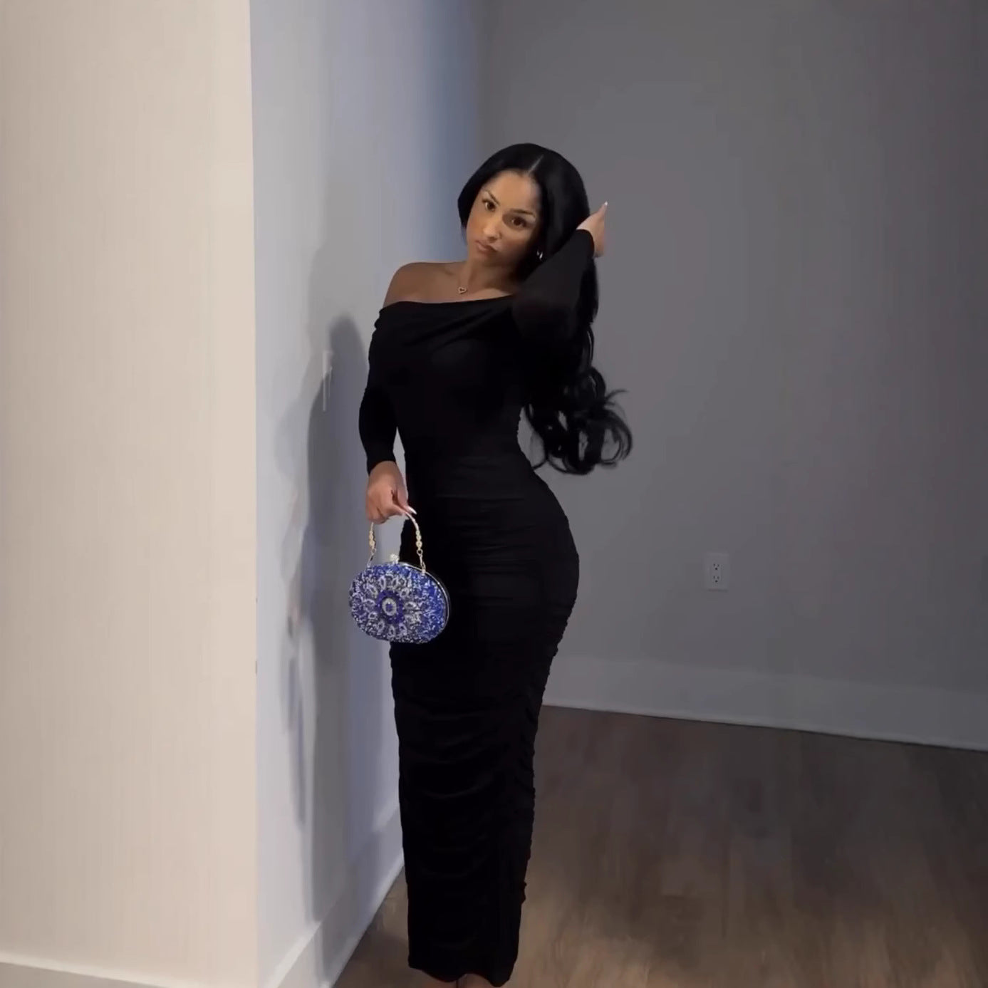 Sexy One-Shoulder Mesh Long Sleeve Bodycon Maxi Dress for Women