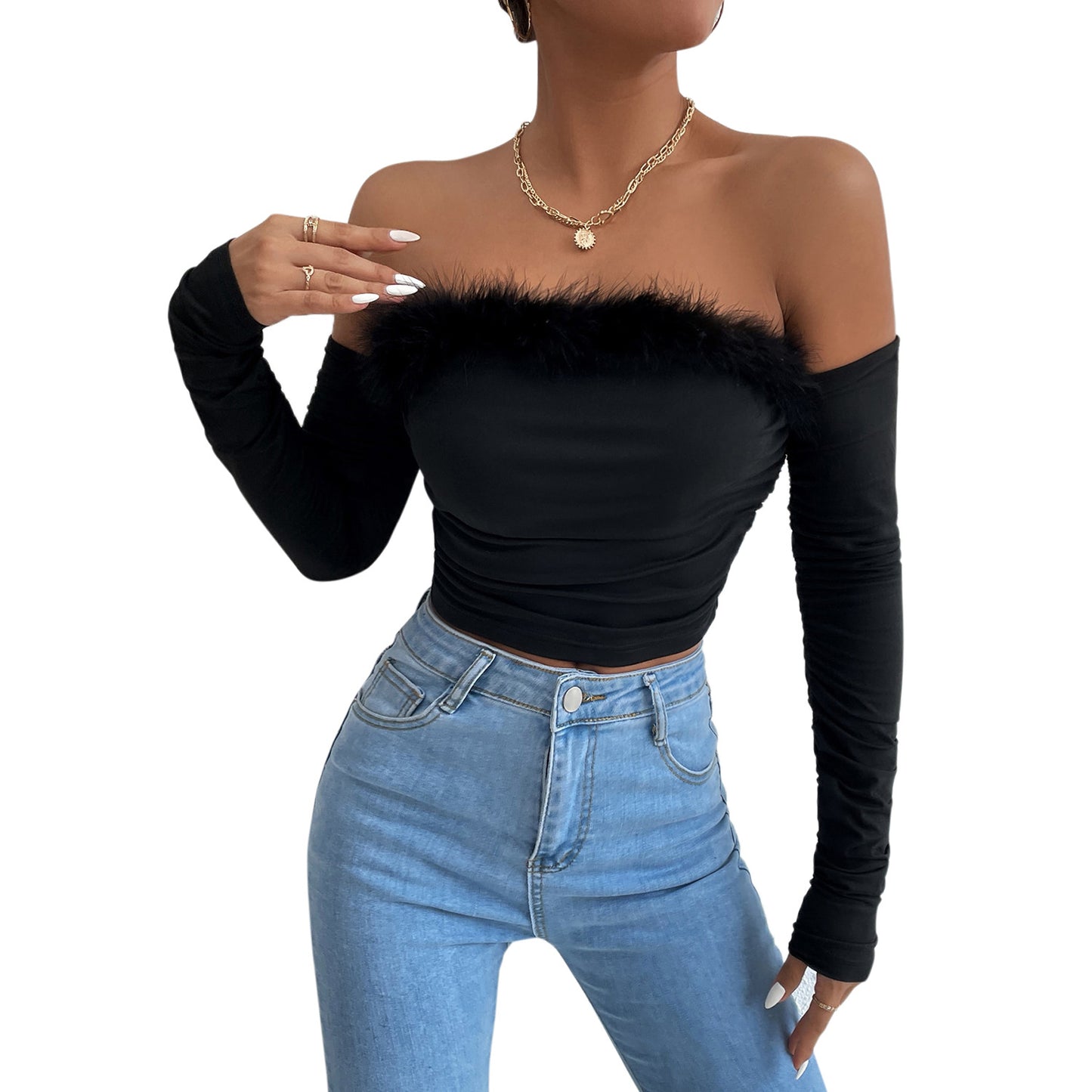 Summer long-sleeved top, straight neck, backless and off-the-shoulder top