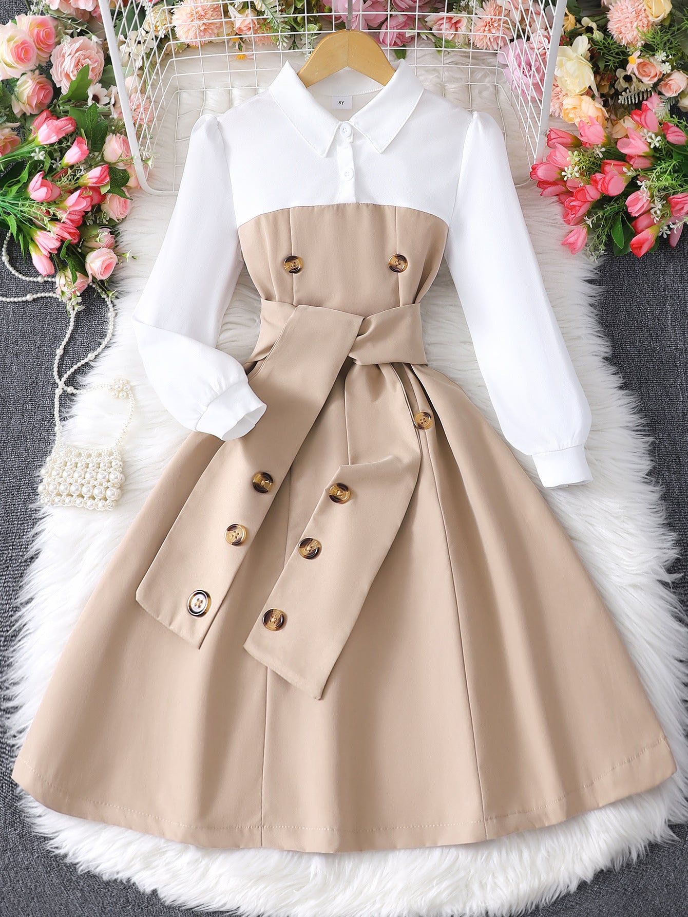 Children’s Long-Sleeve Contrast Lapel Dress