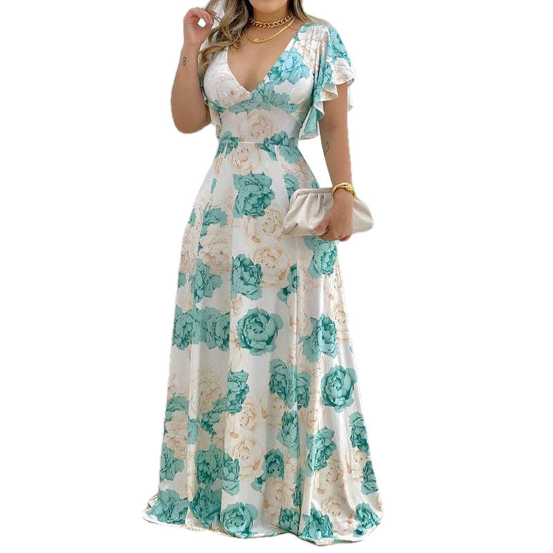 women's temperament sexy V-neck waist print big swing dress
